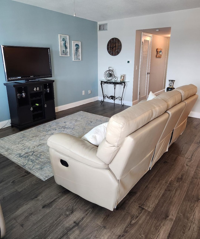 living room featuring dark wood-type flooring