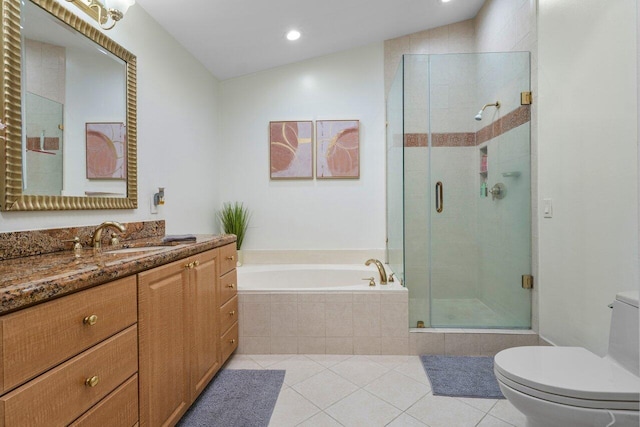 full bathroom featuring lofted ceiling, tile patterned floors, toilet, vanity, and plus walk in shower