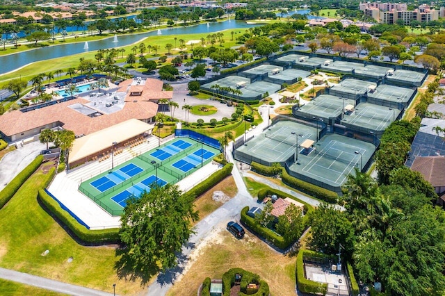 drone / aerial view with a water view