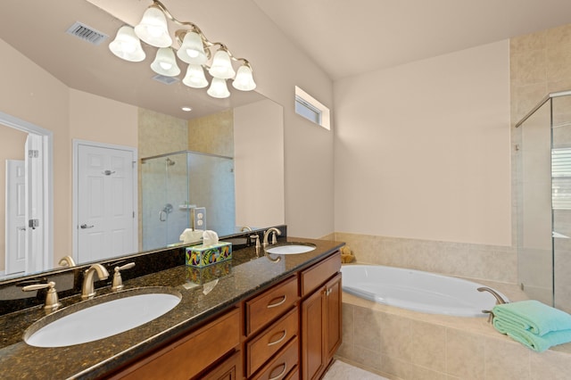 bathroom featuring plus walk in shower, a notable chandelier, and vanity