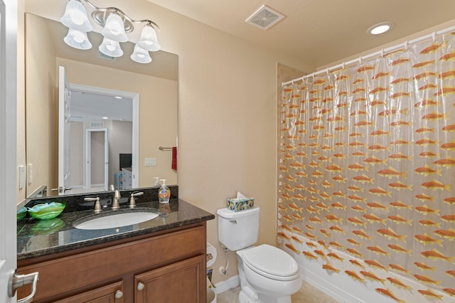 bathroom featuring toilet, shower / bath combo, visible vents, and vanity