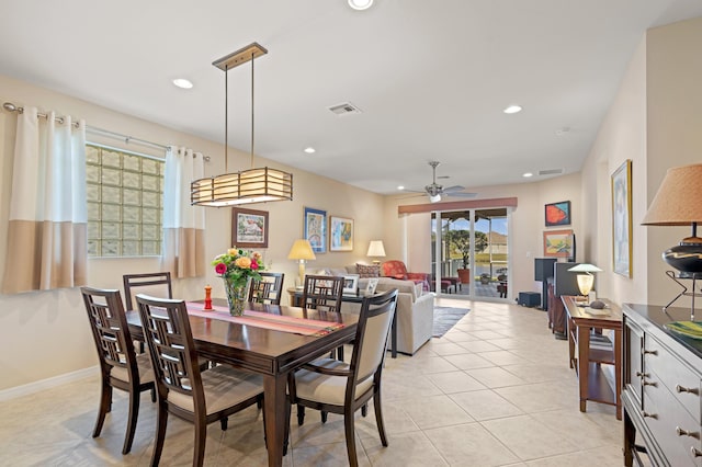 dining area with light tile patterned floors, recessed lighting, a ceiling fan, baseboards, and visible vents