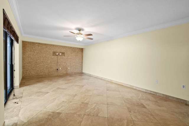 empty room with crown molding and ceiling fan