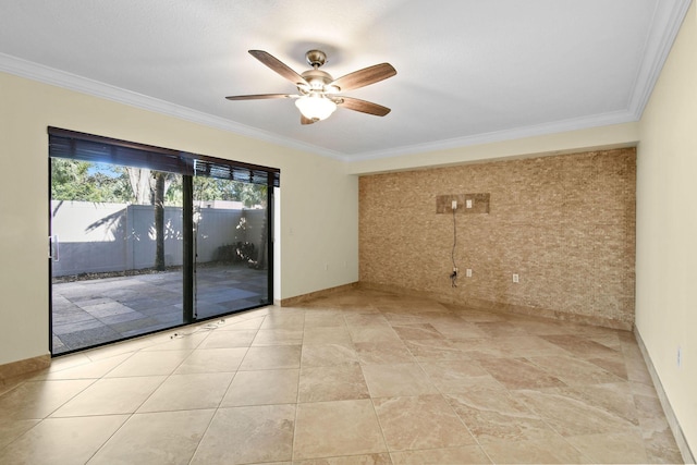 unfurnished room with ornamental molding and ceiling fan