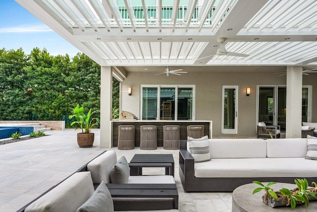 view of patio / terrace featuring ceiling fan, outdoor lounge area, and a pergola