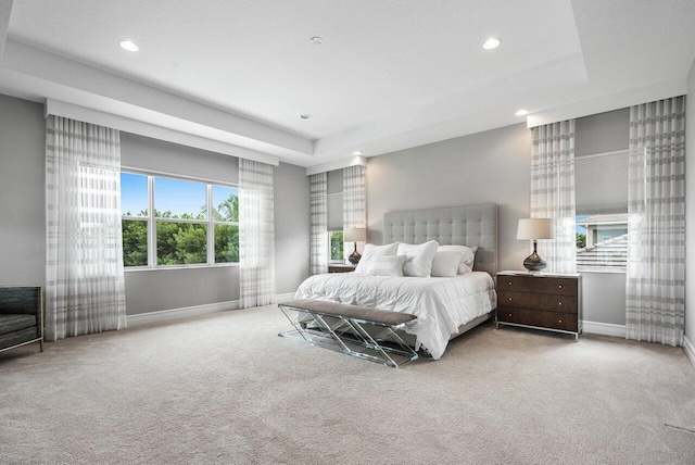 carpeted bedroom featuring a tray ceiling