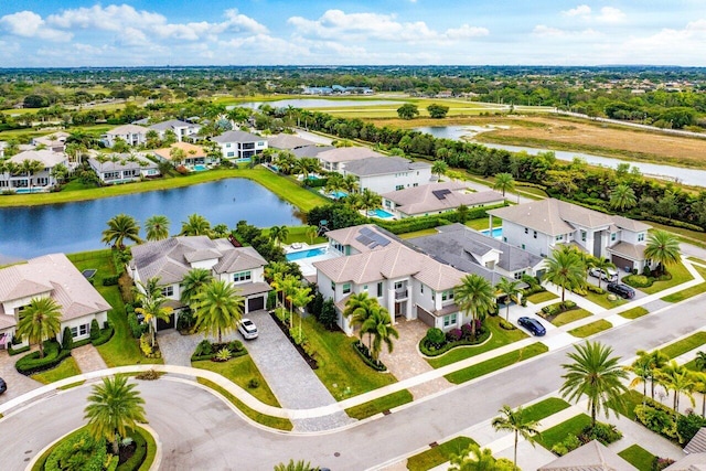 aerial view featuring a water view