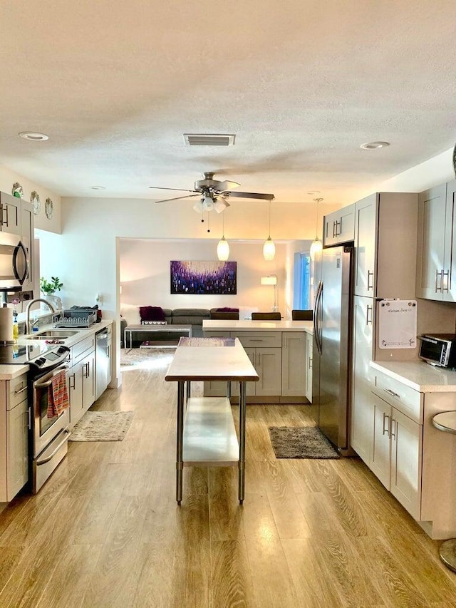 kitchen with gray cabinetry, a textured ceiling, pendant lighting, stainless steel appliances, and light hardwood / wood-style floors