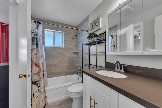 full bathroom featuring vanity, shower / bathtub combination with curtain, and toilet