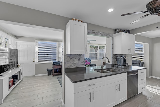 kitchen with white cabinetry, sink, stainless steel dishwasher, and a wealth of natural light