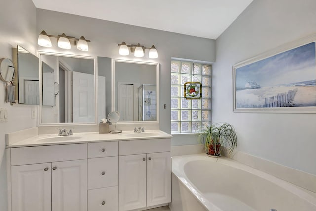 bathroom featuring vanity, a bath, and plenty of natural light