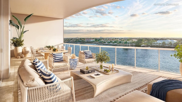 balcony at dusk with an outdoor living space and a water view