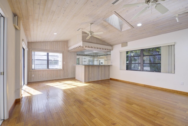 unfurnished living room featuring ceiling fan, wood ceiling, light hardwood / wood-style flooring, and vaulted ceiling with skylight