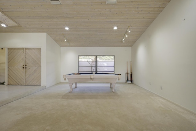 game room featuring pool table, light colored carpet, and rail lighting