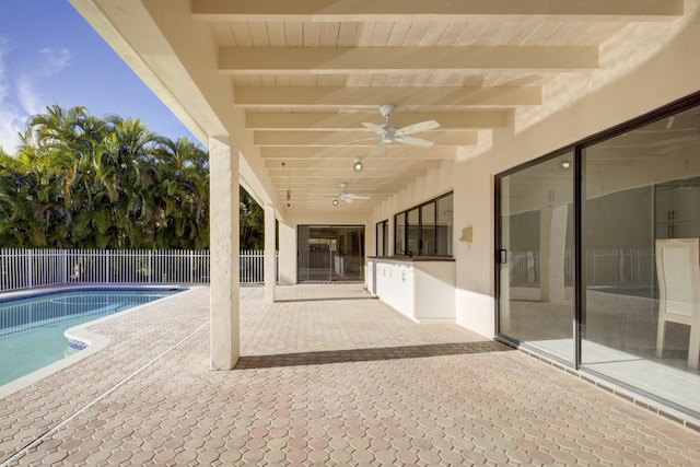 view of pool featuring a patio area and ceiling fan