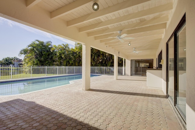 view of swimming pool featuring a patio and ceiling fan