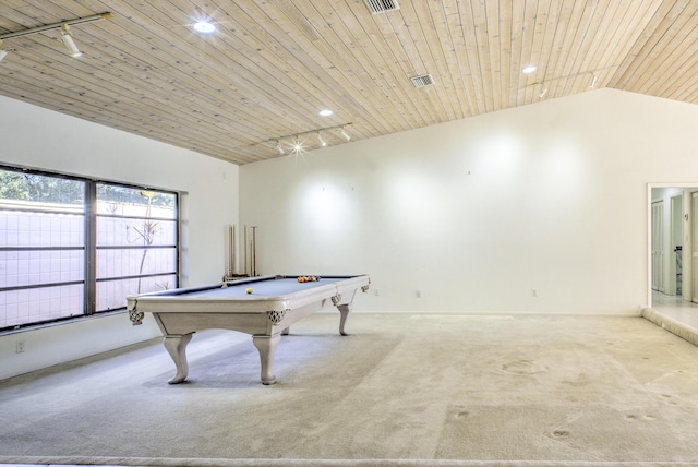 game room featuring wooden ceiling, track lighting, light colored carpet, and pool table