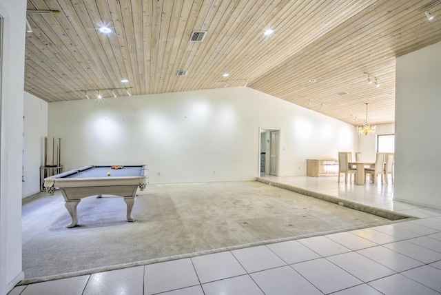 playroom featuring light tile patterned flooring, track lighting, vaulted ceiling, and wooden ceiling