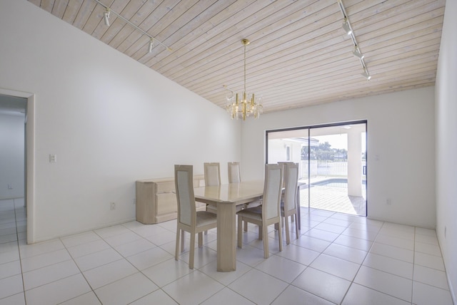 dining room with light tile patterned flooring, vaulted ceiling, a notable chandelier, track lighting, and wooden ceiling