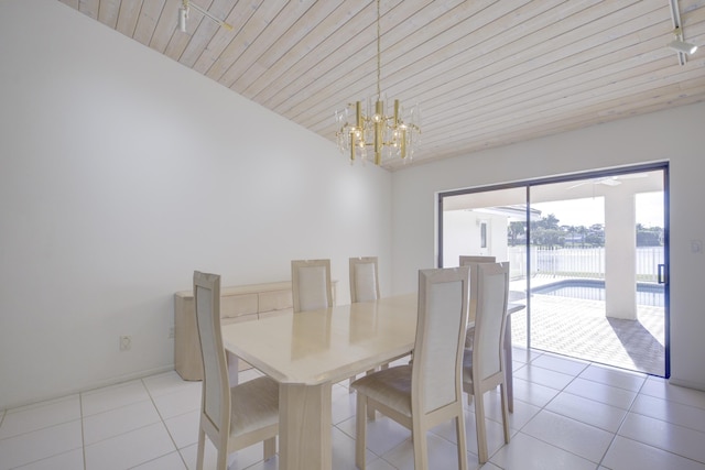 dining space featuring a water view, wood ceiling, a chandelier, and light tile patterned floors