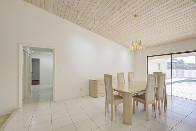 tiled dining space with lofted ceiling, a notable chandelier, and wood ceiling