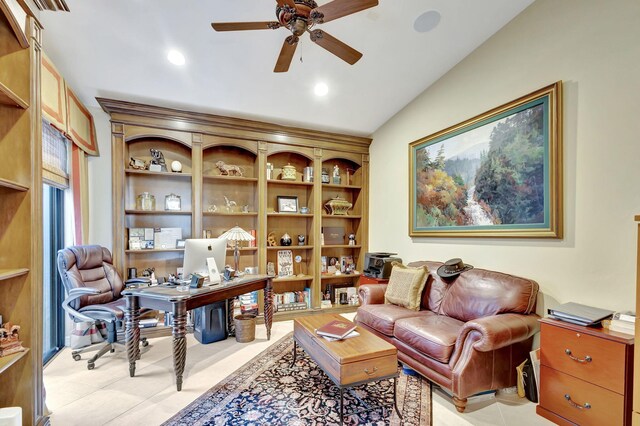 office with lofted ceiling, light tile patterned floors, beverage cooler, and ceiling fan