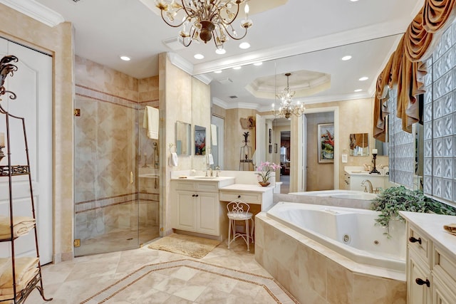 bathroom featuring an inviting chandelier, vanity, ornamental molding, a raised ceiling, and shower with separate bathtub