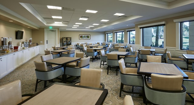 dining space featuring plenty of natural light, ornamental molding, a raised ceiling, and a paneled ceiling