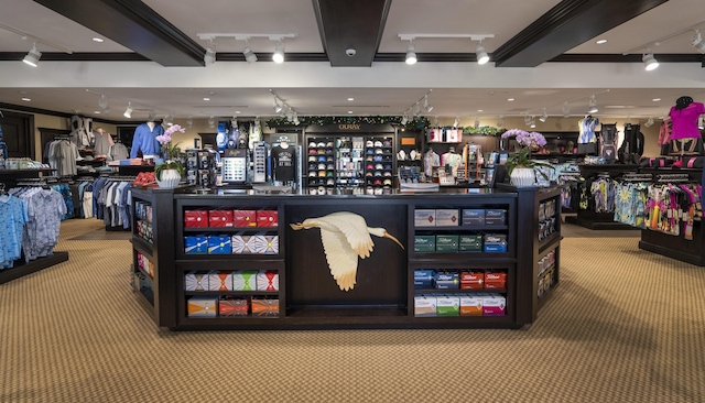 miscellaneous room featuring beamed ceiling, bar, and carpet