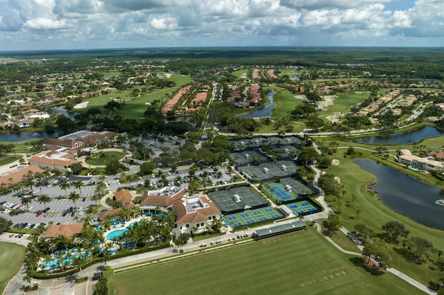 bird's eye view with a water view