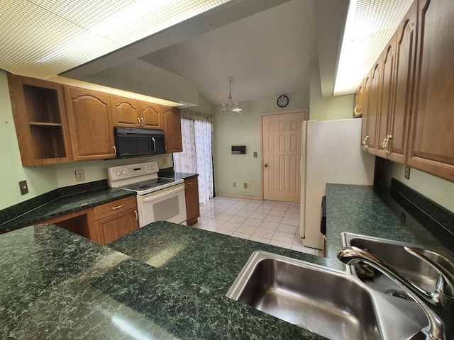 kitchen with sink, white appliances, and light tile patterned flooring