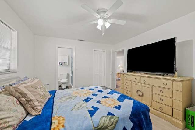 bedroom with ceiling fan, connected bathroom, and a closet