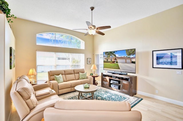 living room featuring a textured ceiling, light hardwood / wood-style floors, and ceiling fan