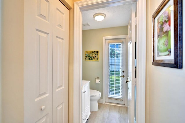 bathroom with vanity, a textured ceiling, wood-type flooring, and toilet