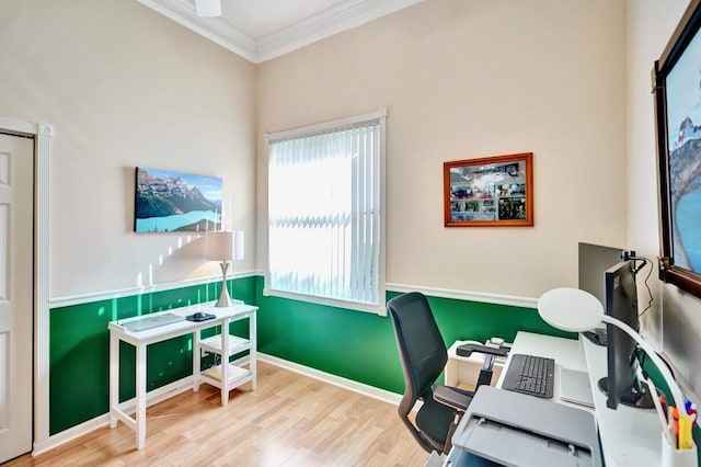 office space featuring crown molding and light wood-type flooring