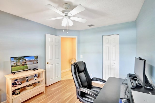 office area featuring ceiling fan and light hardwood / wood-style flooring