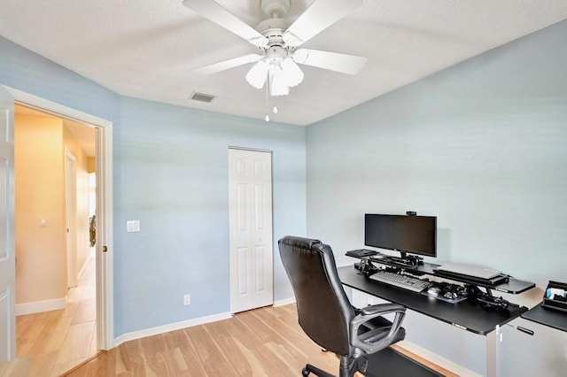 office space with ceiling fan and light wood-type flooring