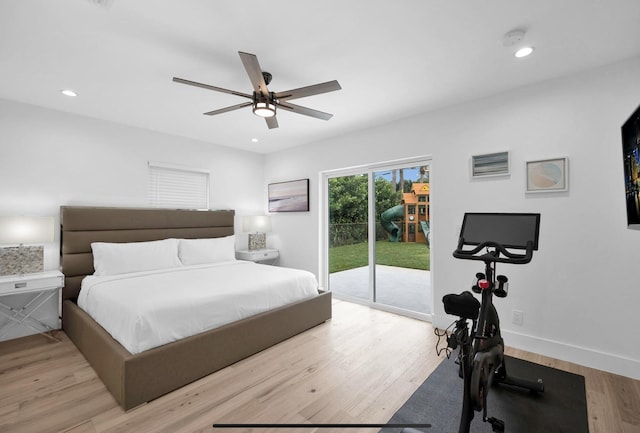 bedroom with access to outside, ceiling fan, and light wood-type flooring