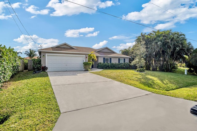 single story home with a garage and a front lawn