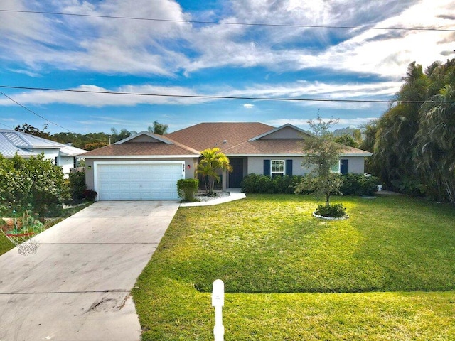 ranch-style home with a garage and a front lawn