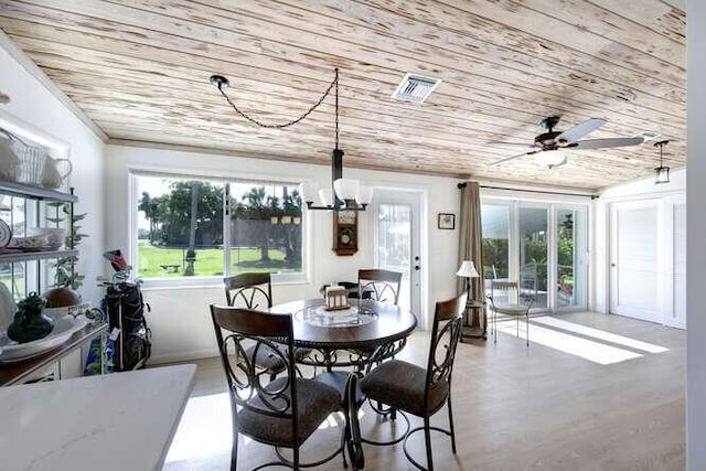 dining area with ceiling fan with notable chandelier, wooden ceiling, and light hardwood / wood-style flooring