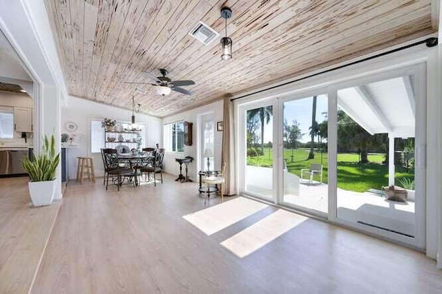 doorway to outside with wood ceiling, ceiling fan, lofted ceiling, and hardwood / wood-style flooring