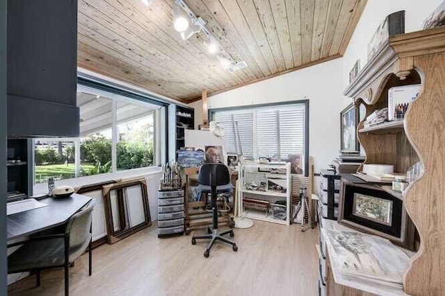 office space featuring lofted ceiling, light wood-type flooring, and wooden ceiling