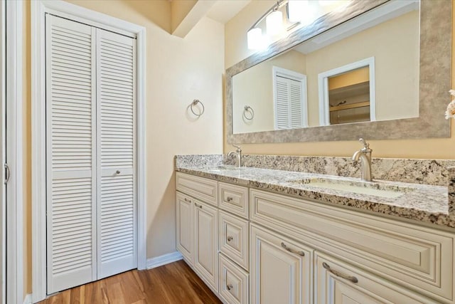 bathroom with vanity and wood-type flooring