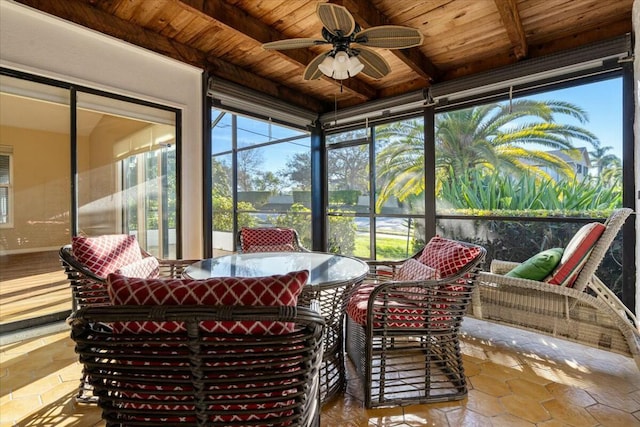 sunroom with beamed ceiling and ceiling fan