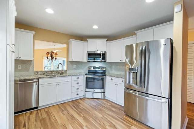 kitchen with sink, white cabinetry, light stone counters, appliances with stainless steel finishes, and decorative backsplash