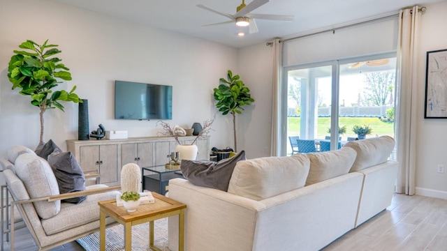 living room with ceiling fan and light hardwood / wood-style flooring