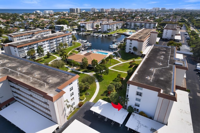 bird's eye view with a water view