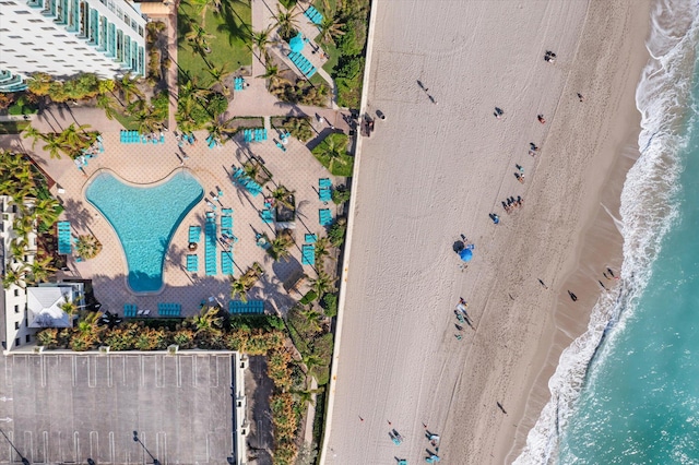 aerial view featuring a beach view and a water view