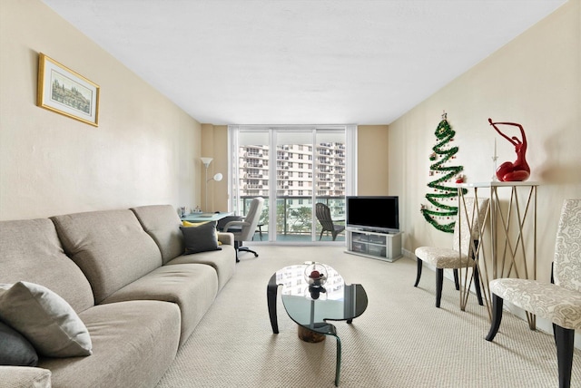 living room with a wall of windows and carpet flooring